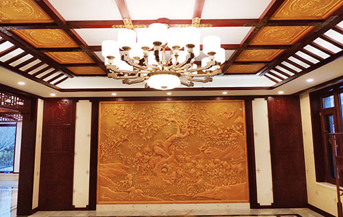 单县中式别墅客厅中式木作横梁吊顶装饰展示